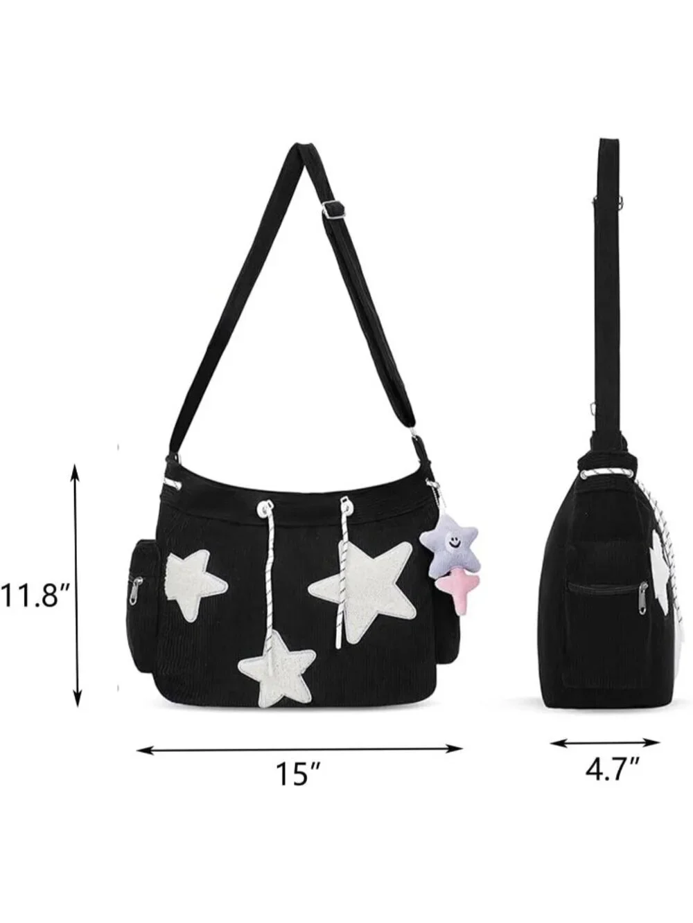 Women's Black Zipper Kawaii Corduroy Star Tote Crossbody Shoulder Bag